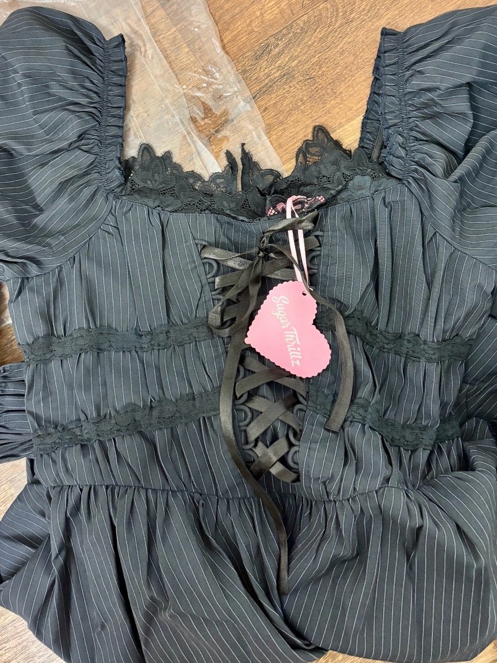 Sugar Thrillz Bookish Escape Black Pinstripe Lace-Up Gothic Cottagecore Dress